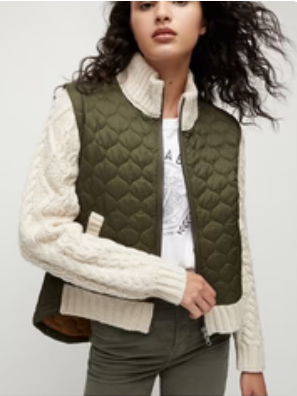 Veronica Beard Patra Olive Quilted Front Jacket w/ Cream Cable-Knit Sleeves. XL